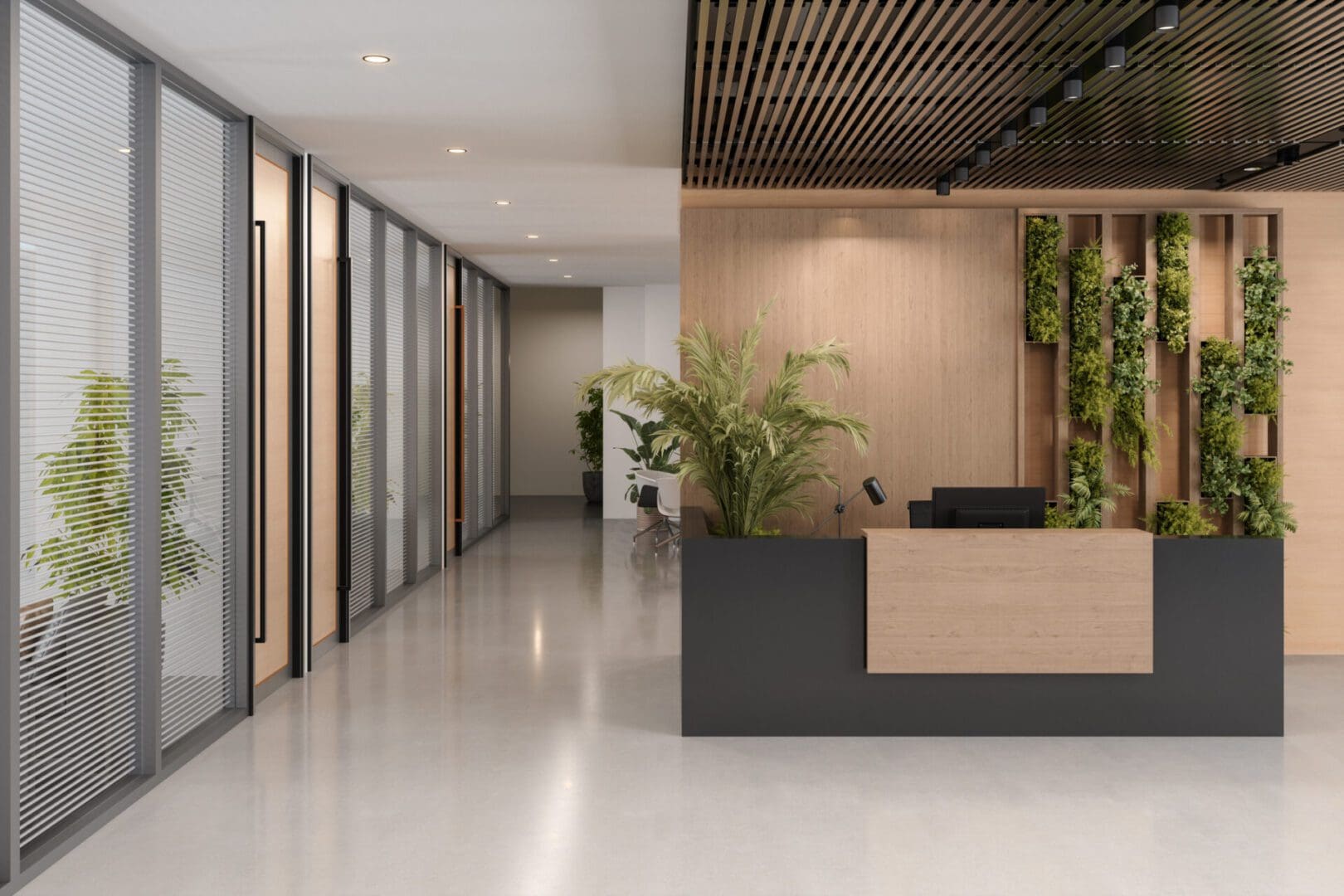 Modern reception desk with living plant wall