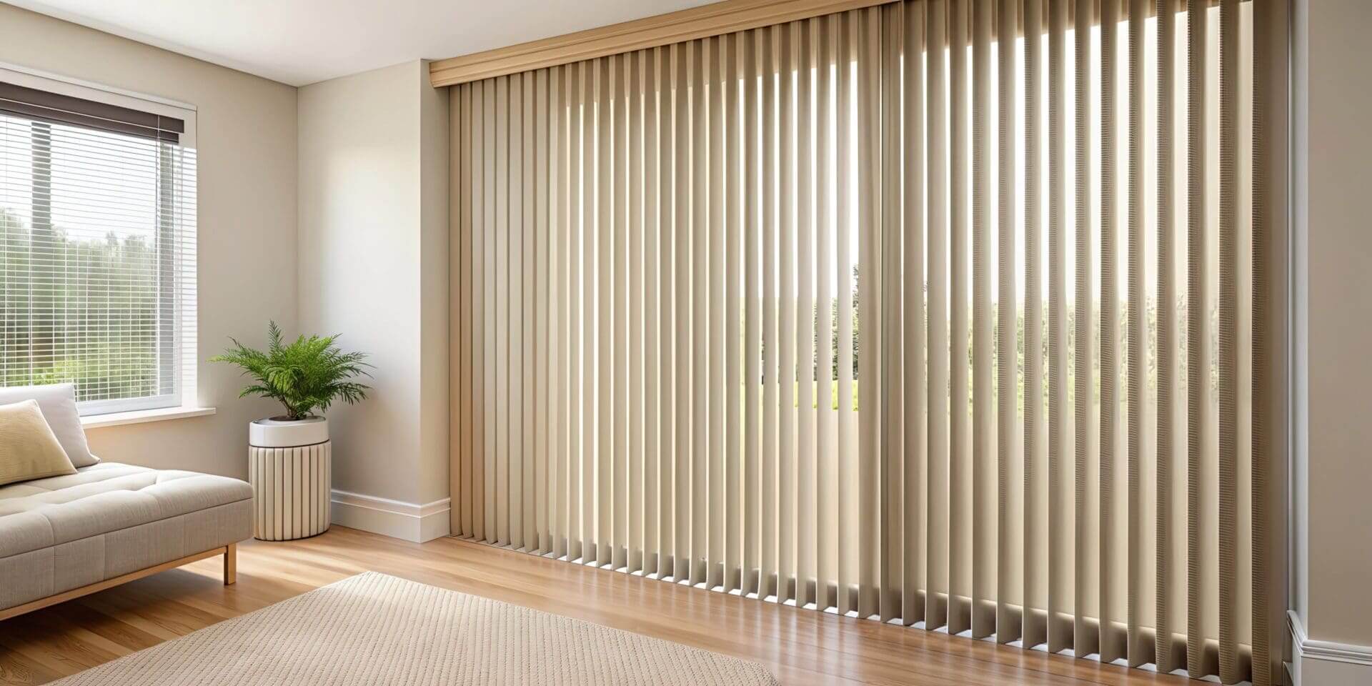 Sunlit living room with beige vertical blinds