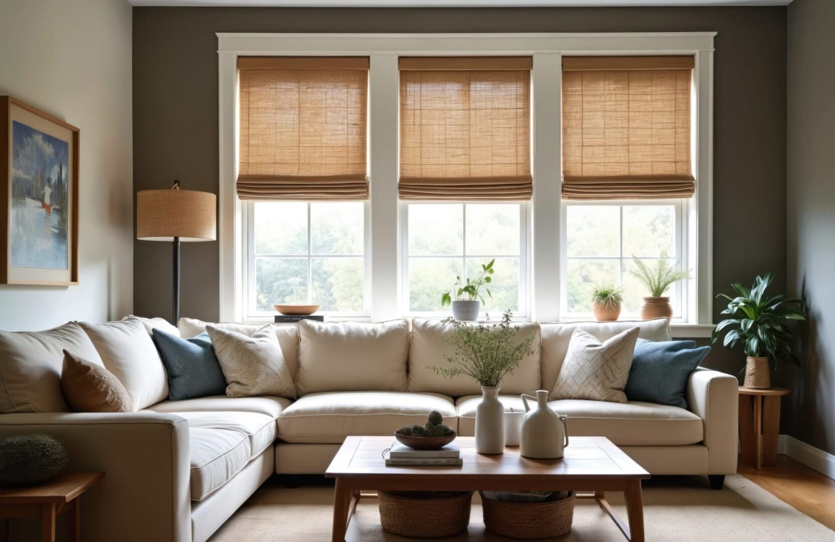 Cozy living room with sectional sofa and plants