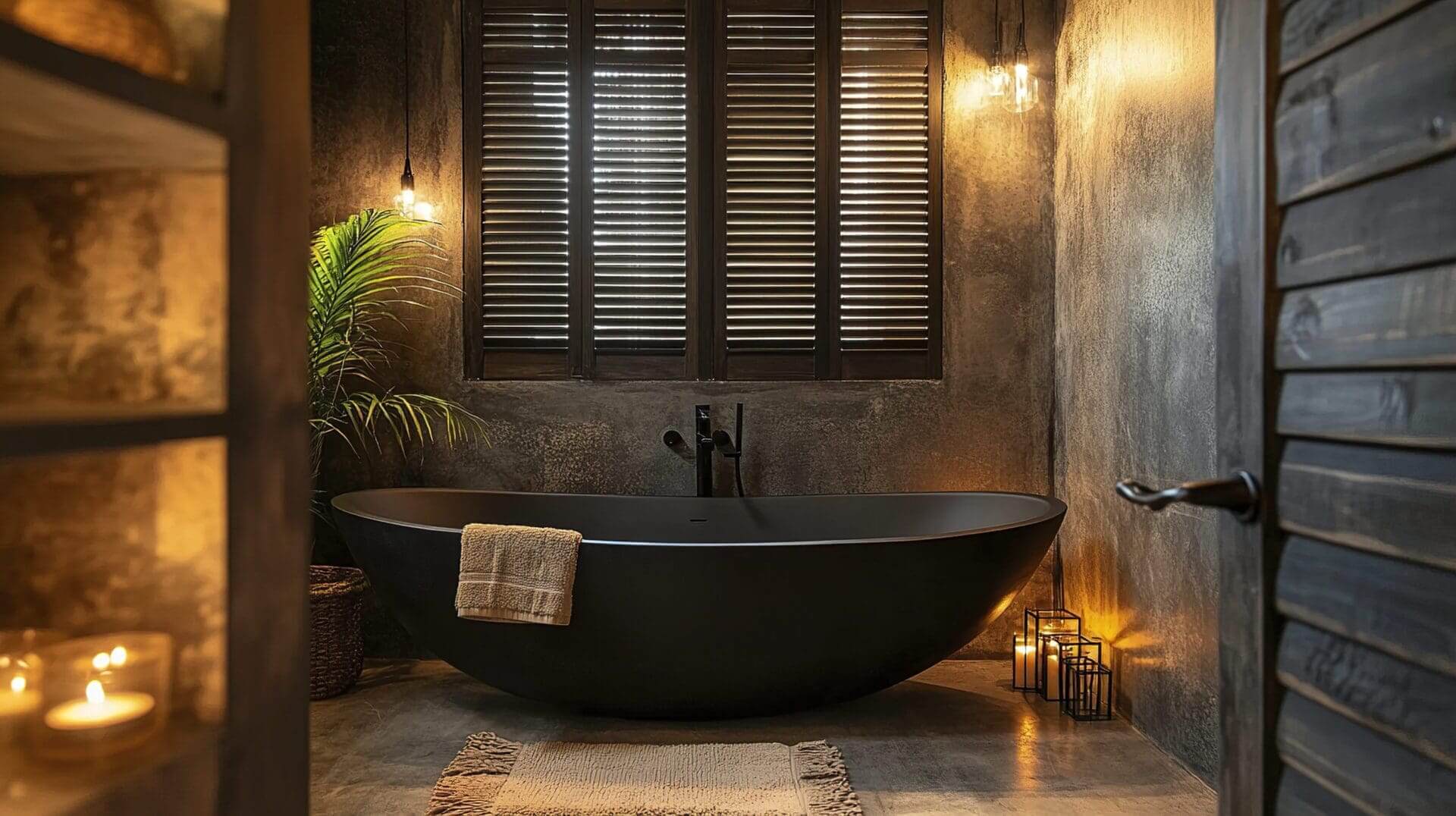 Black freestanding bathtub in cozy candlelit bathroom