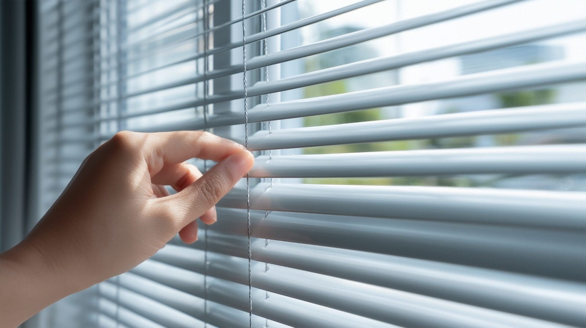 Hand adjusting horizontal window blinds