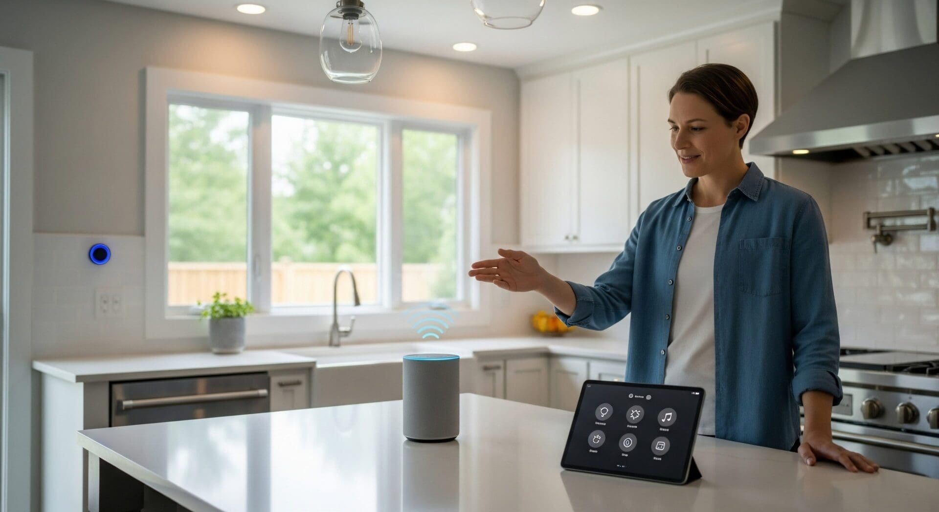 Woman using smart speaker and tablet in kitchen