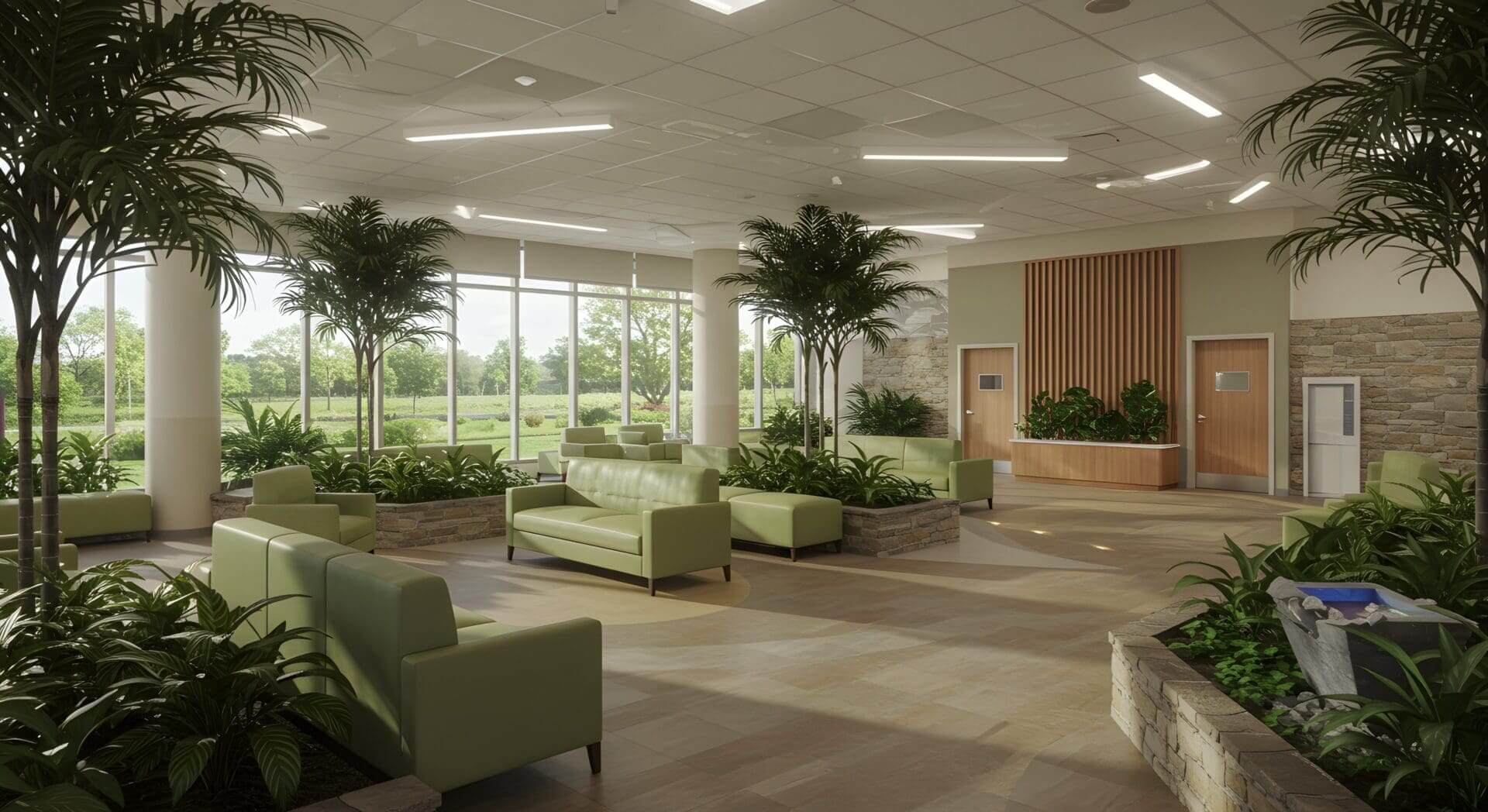 Bright lobby with tall potted palms