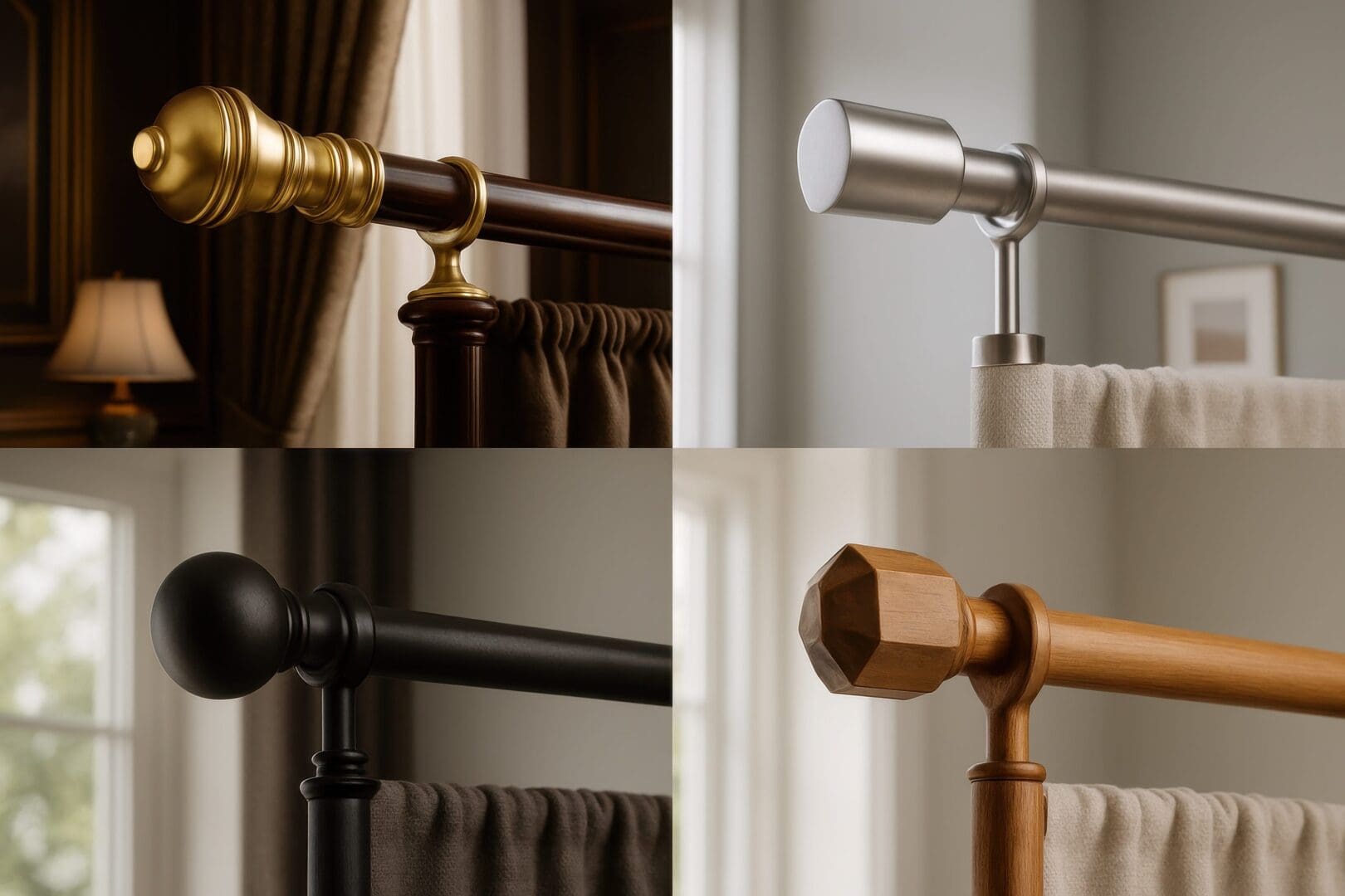 Four decorative curtain rods with varied finials