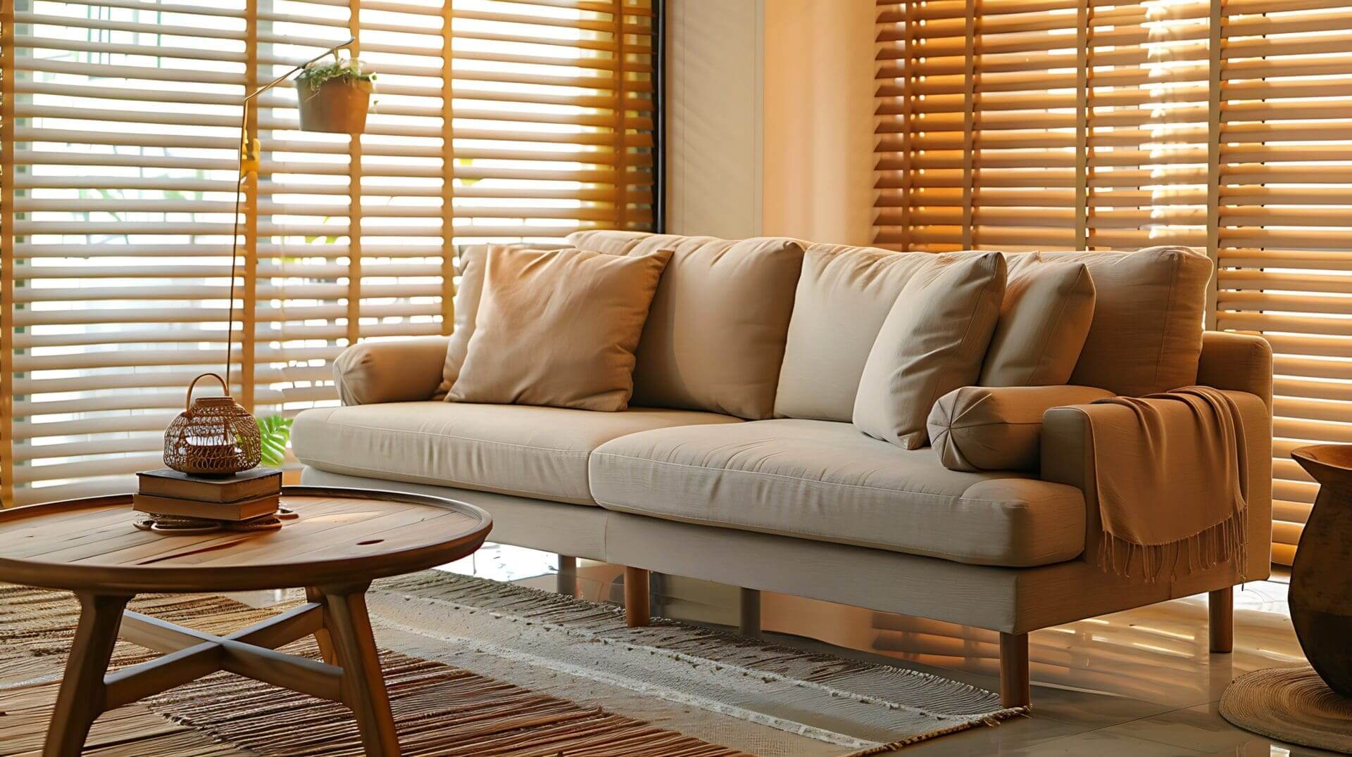 Cozy beige sofa by sunlit wooden blinds