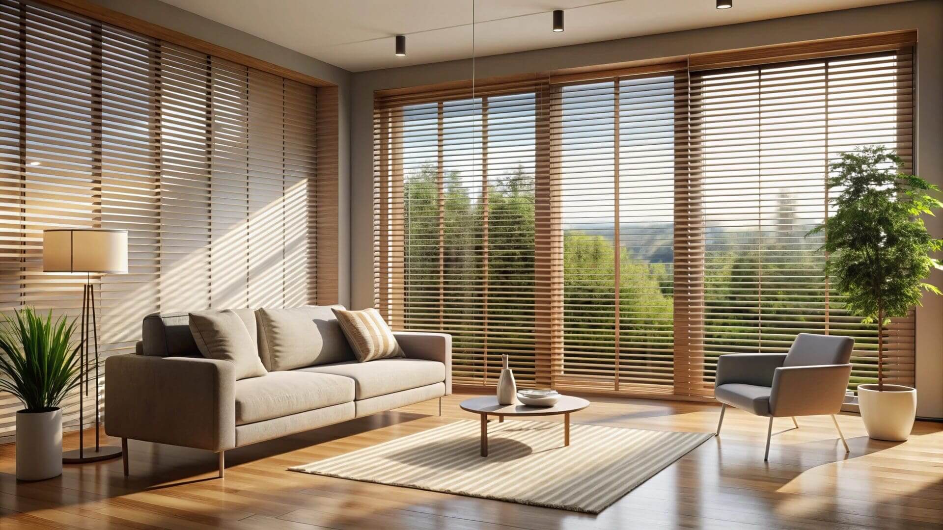 Sunlit living room with wooden blinds and sofa