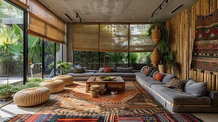 Bohemian bamboo living room with patterned rugs