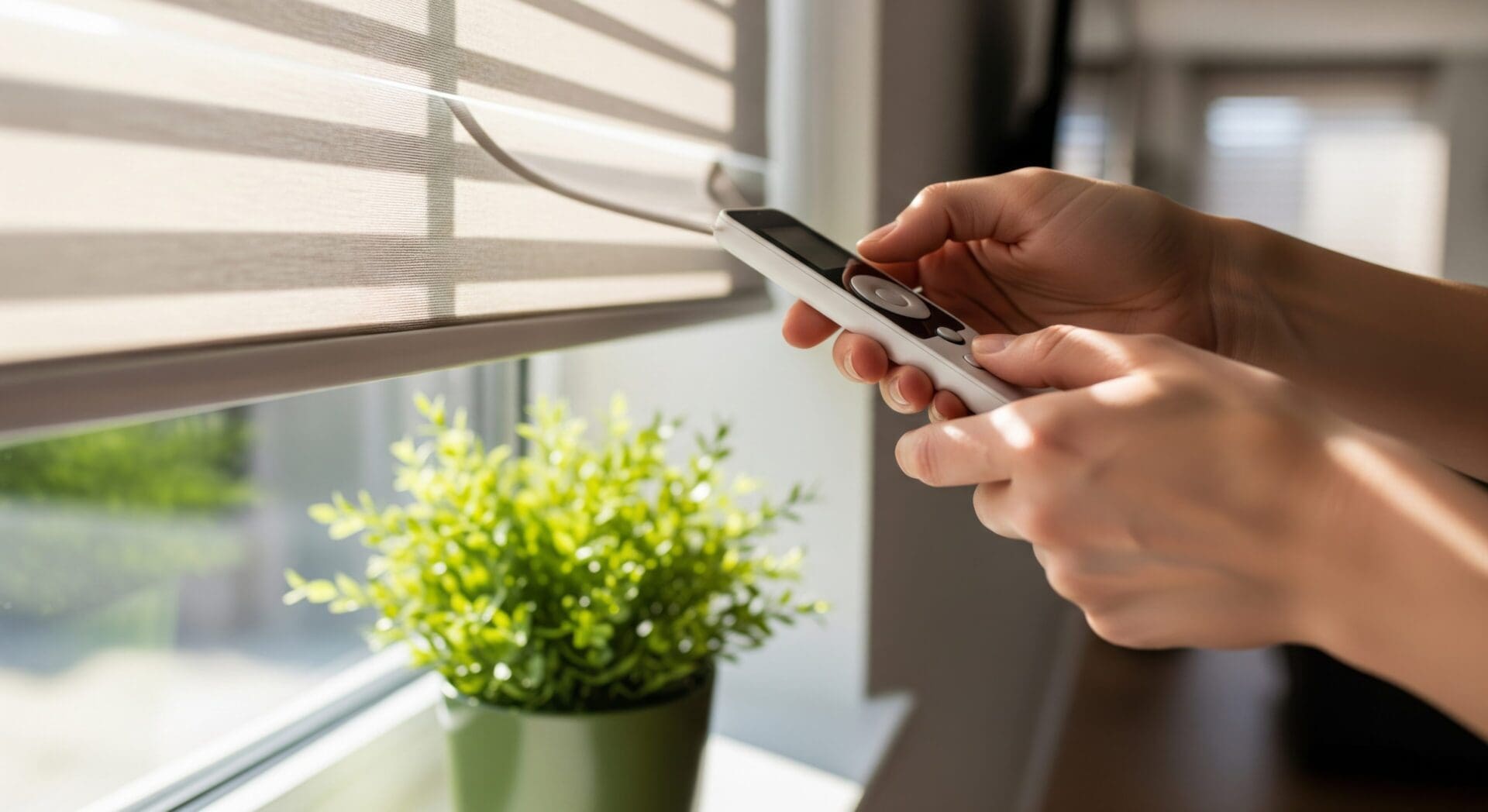 Hands using remote to adjust window blinds
