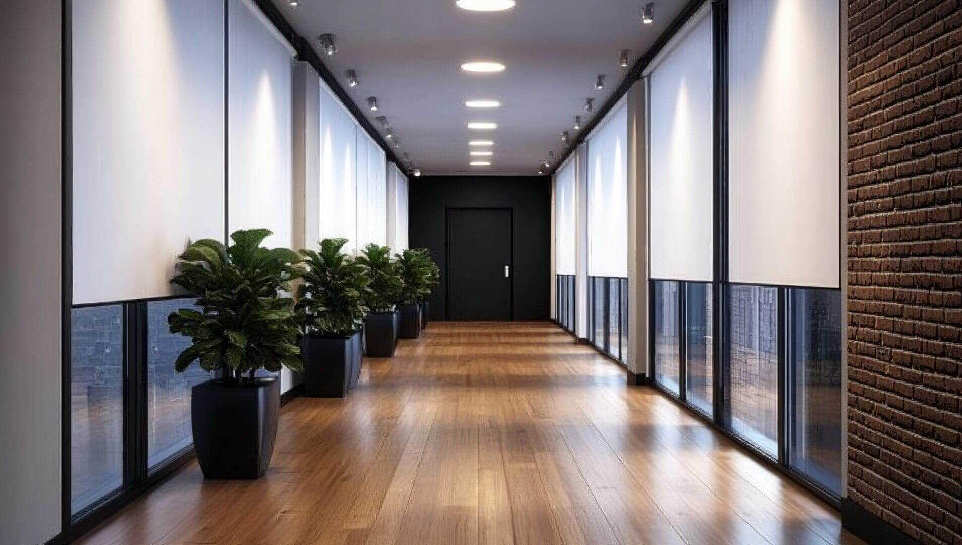 Modern corridor with potted plants and windows